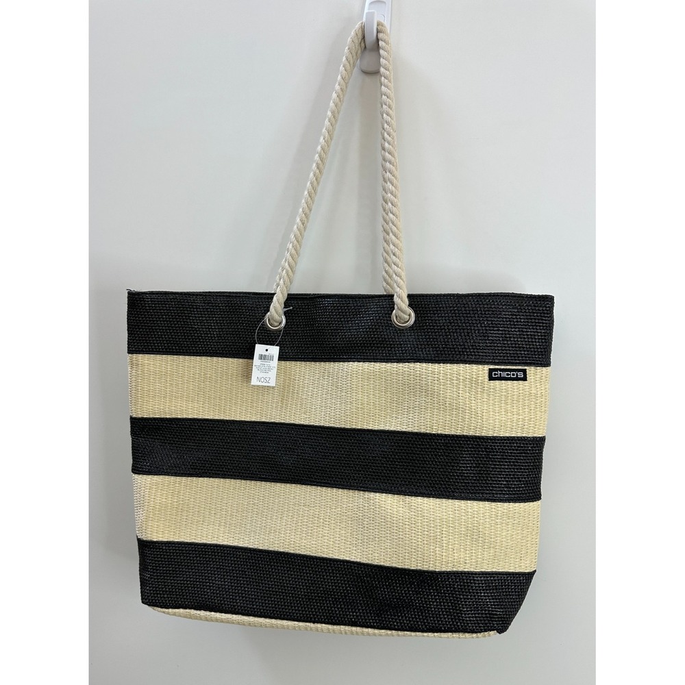NEW Chico's Black Neutral Striped Woven Straw Beach Tote Bag Rope Handles Resort - Picture 2 of 11